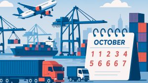 A modern illustration of global logistics during China’s Golden Week: busy container port in Shanghai with ships and cranes, an airplane taking off, cargo trucks, and a calendar showing October 1–7. Professional corporate style, clean colors (blue, red, purple), widescreen 16:9.